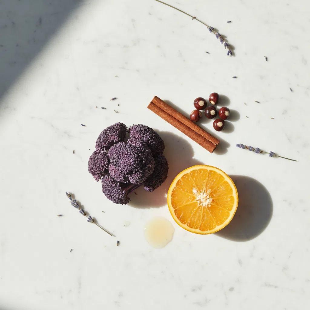 Flat-lay of botanical ingredients including guaraná seeds, ginger root and citrus - plant extract supplement with zinc B vitamins