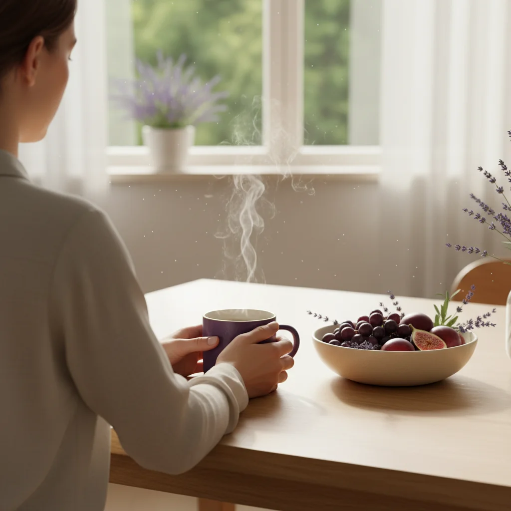 Anonymous person enjoying a warm morning drink at a bright kitchen table - coffee supplement for morning routine